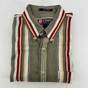Ralph Lauren Chaps Mens L Button Down Shirt Short Sleeve Olive Green Red Striped